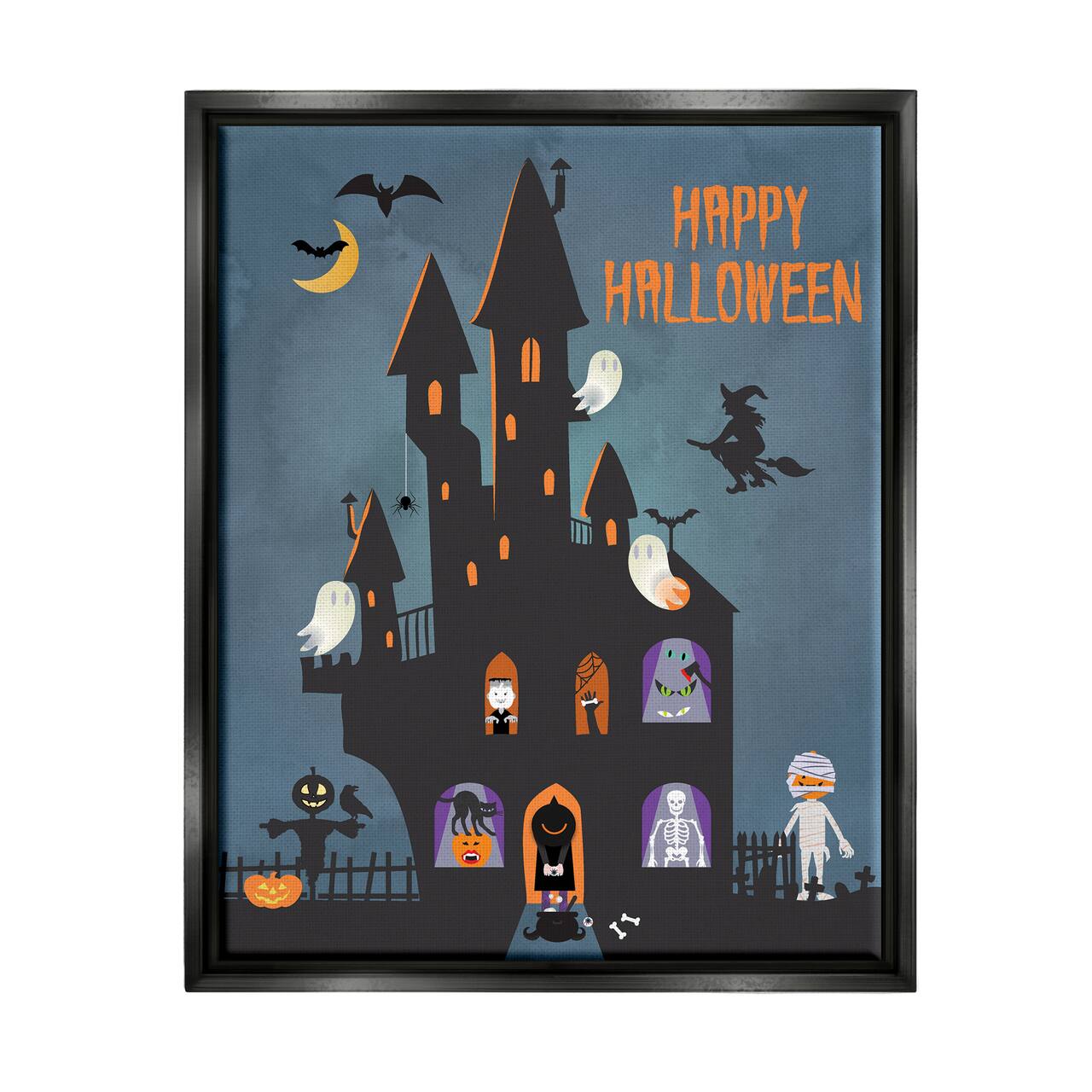 Stupell Industries Happy Halloween Haunted Ghost House Framed Floater Canvas Wall Art